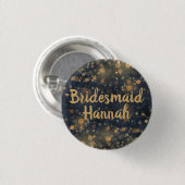Navyblau Gold Bokeh Script Brautjungfer Button (Vorne & Hinten)