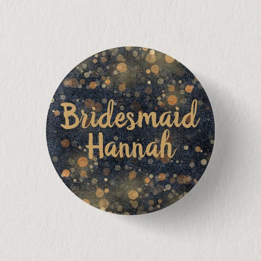 Navyblau Gold Bokeh Script Brautjungfer Button (Vorderseite)