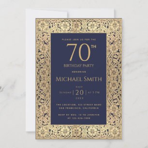 Navyblau Gold Elegante Vintage 70. Geburtstagsfeie Einladung