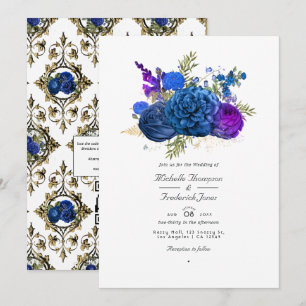 Navyblau, Gold und Lila Vintage-Blumenhochzeit Einladung
