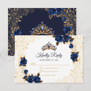 Navyblau Goldene Tiara Blumenrose Quinceañera RSVP Karte