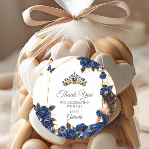 Navyblau Goldene Tiara Rosen Quinceañera Runder Aufkleber