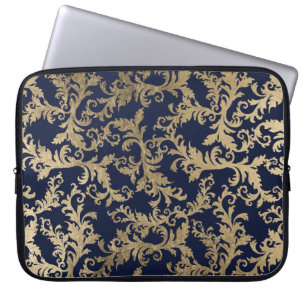 Navyblau-goldenes vintage-chices florales Damast-G Laptopschutzhülle