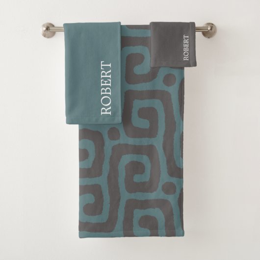 Navyblau & Grau Abstrakte Monogramm Name  Badhandtuch Set (Insitu)