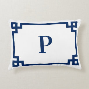 Navyblau griechische Schlüsselrand-Monogramm Dekokissen