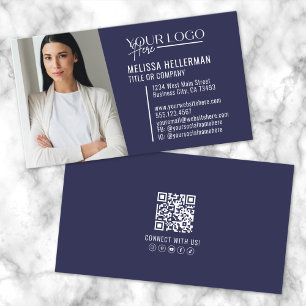 Navyblau Modern Professionelles QR-Code-Foto-Logo Visitenkarte