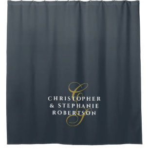 Navyblau Monogramm Paar Gold Weiß Minimalistisch Duschvorhang