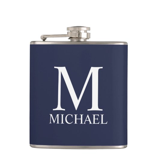Navyblau personalisiertes Monogramm und Name Flachmann (Vorderseite)