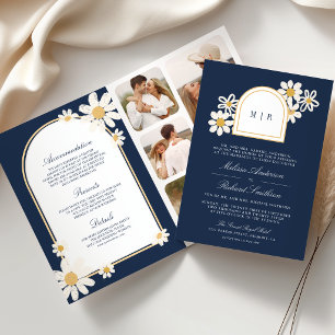 Navyblau Retro Gelb Gänseblümchen Hochzeit Alles i Einladung