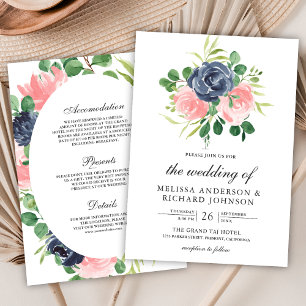 Navyblau-Rosa-Blumen Einteiler-Brautkleid Einladung