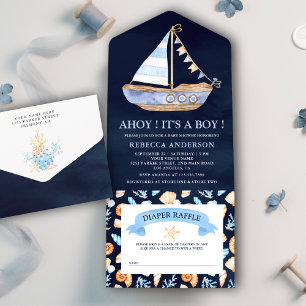 Navyblau-rustikale nautische Segelboot-Baby-Party All In One Einladung
