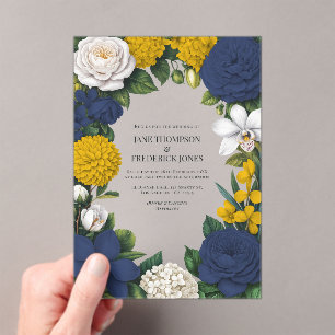 Navyblau, Senfgelb und weiße florale Hochzeit Acryleinladungen