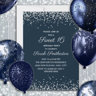 Navyblau Silber Diamant Glitter Sweet 16 Einladung