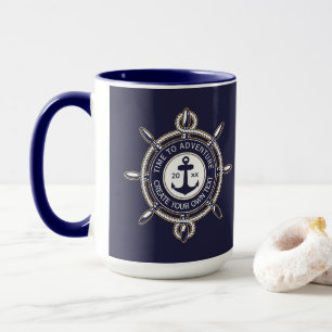 Navyblau und Beige Rund mit Küstenkompass Tasse