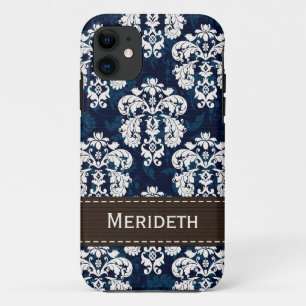 Navyblau und Brauner Damast iPhone 11 Hülle