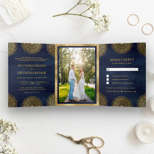 Navyblau und Gold Asiatisches Mandala Indische Hoc Dreifach Gefaltete Einladung