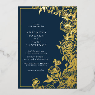 Navyblau und Gold Blumen Klassische Hochzeit Folieneinladung
