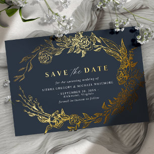 Navyblau und Gold   Elegante florale Save-the-Date Folieneinladung