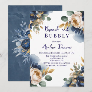 Navyblau und Gold Pfingstrosen-Brunch und Sekt Einladung