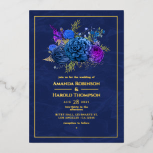 Navyblau und Gold Vintage Blumen Hochzeit Folie In Folieneinladung