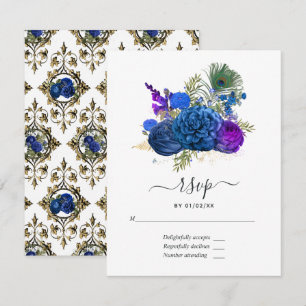 Navyblau und Gold Vintage Pfau RSVP Karte