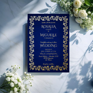 Navyblau und goldene vintage-blumen elegante Hochz Folieneinladung