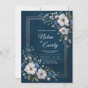 Navyblau und Goldrahmen Weiße Blumige Hochzeit Einladung