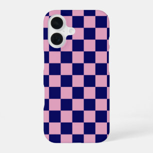 Navyblau und Hellrosa Karomuster iPhone 16 Hülle