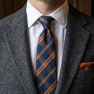 Navyblau und Kupfer-Tartan-Karo-Vintage Krawatte