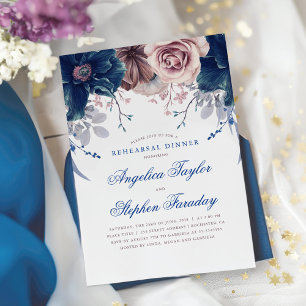 Navyblau und Mauve Blumen Probedinner Einladung