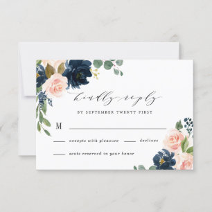 Navyblau- und rosafarbene florale ländliche Hochze RSVP Karte