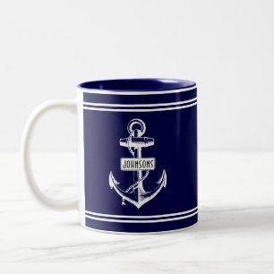 Navyblau und weißer vintage nautischer Anker Zweifarbige Tasse