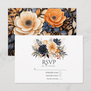 Navyblau, verbranntes Orange und Champagner Blumen RSVP Karte