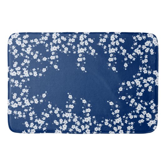 Navyblau Weiße Kirschblüte Badematte (Vorderseite)
