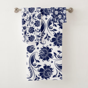 Navyblau-weißes vintage Damastmuster Badhandtuch Set