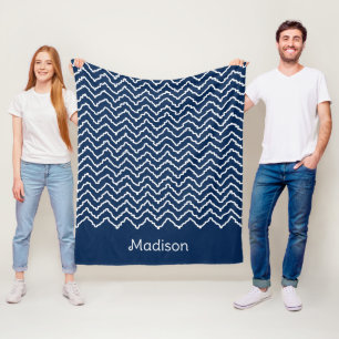 Navyblau-weißes, wellenförmiges Chevron-Muster Fleecedecke