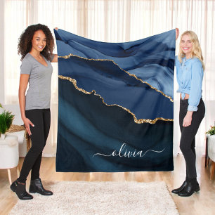 Navyblaue Achat-Geode Gold-Monogramm Fleecedecke
