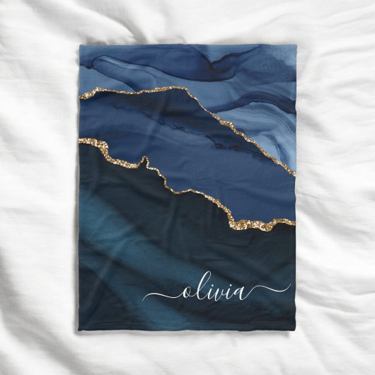 Navyblaue Achat-Geode Gold-Monogramm Fleecedecke