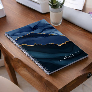 Navyblaue Achat-Geode Gold-Monogramm Notizblock
