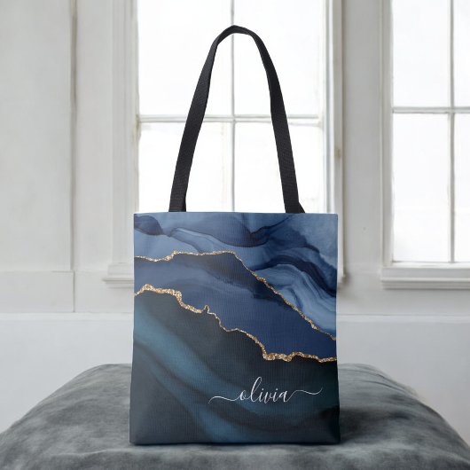 Navyblaue Achat-Geode Gold-Monogramm Tasche