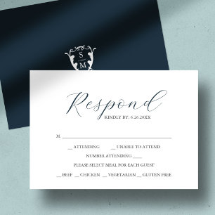 Navyblaue Antwortkarten mit Monogramm und Essensau RSVP Karte
