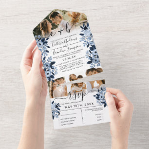 Navyblaue Aquarell-Blumen-Foto-Hochzeit-RSVP Alle All In One Einladung