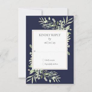 Navyblaue Aquarell-Grünpflanzen-Hochzeit RSVP Karte