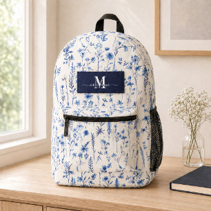 Navyblaue Aquarell-Wildblumen-Monogramm-Name  Bedruckter Rucksack