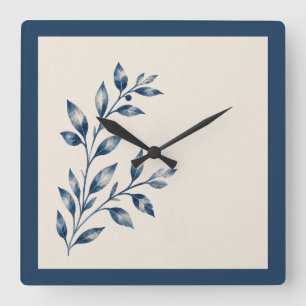 Navyblaue Blatt-Minimalist-Uhr Quadratische Wanduhr