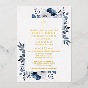 Navyblaue Blumen-Erstkommunion Gold Folieneinladung