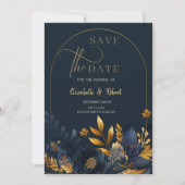 Navyblaue Blumen Goldene Blätter Flach Save The Da Date (Vorderseite)