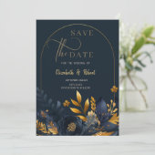 Navyblaue Blumen Goldene Blätter Flach Save The Da Date (Stehend Vorderseite)