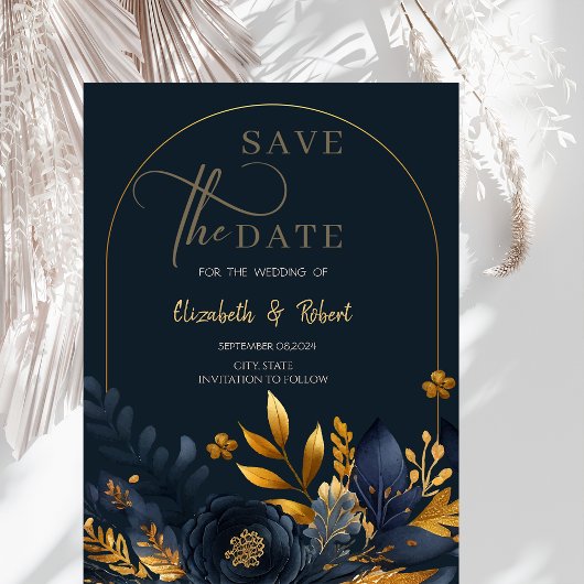 Navyblaue Blumen Goldene Blätter Flach Save The Da Date