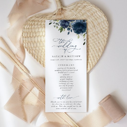 Navyblaue Blumen, Grün, Boho, Hochzeitsprogramm Programm